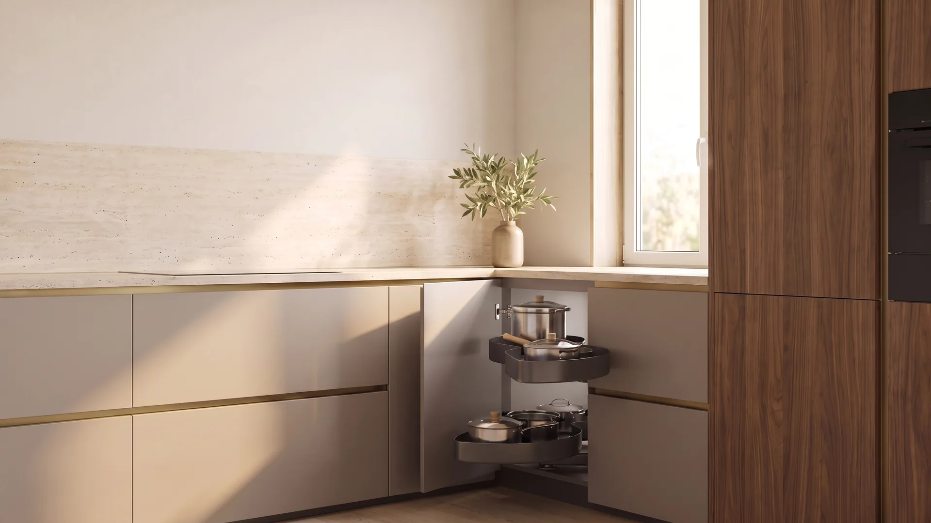 Pull-out corner storage unit with pots in a modern walnut kitchen - PACO Hardware