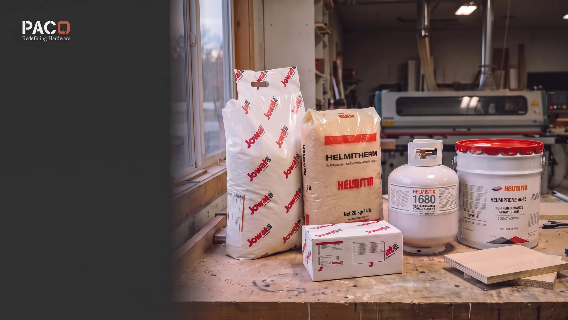 Jowat and Helmitin professional adhesives on a cabinet shop workbench - PACO Hardware