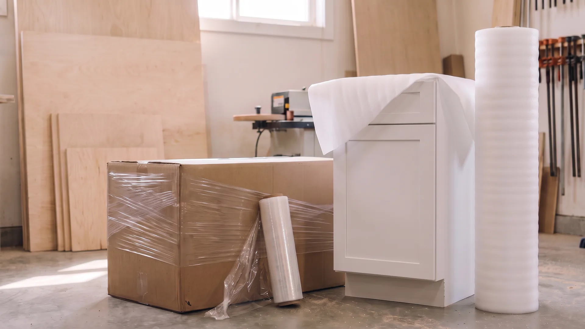 Foam wrap stretch film and packaging supplies protecting a finished cabinet - PACO Hardware